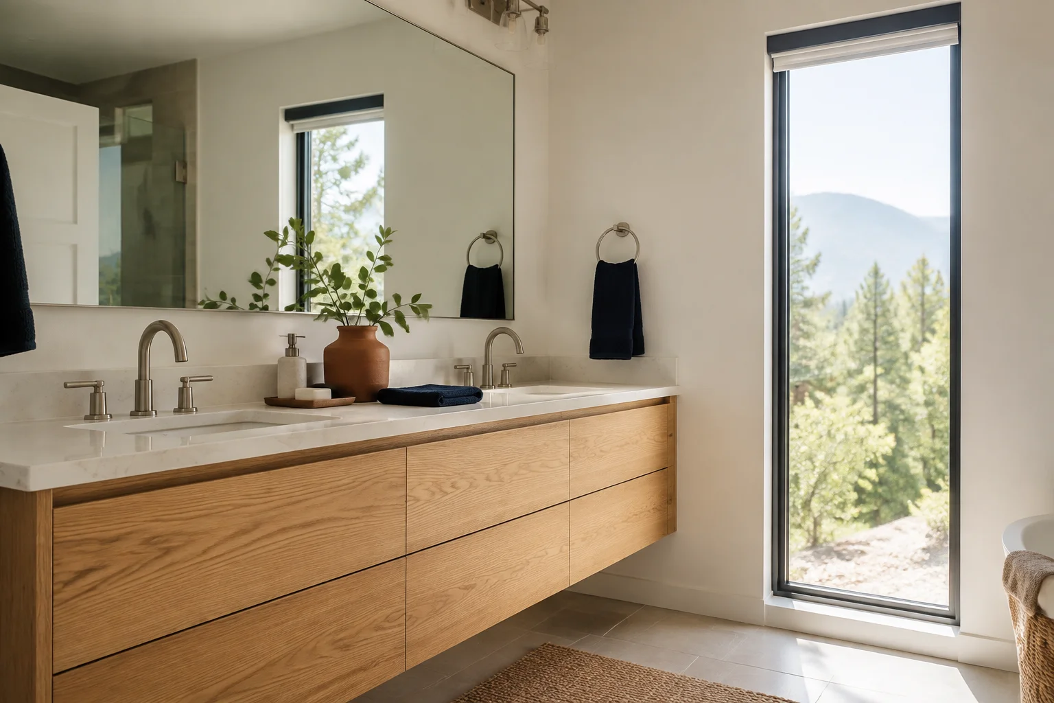 A bright modern bathroom with oak cabinetry and natural daylight